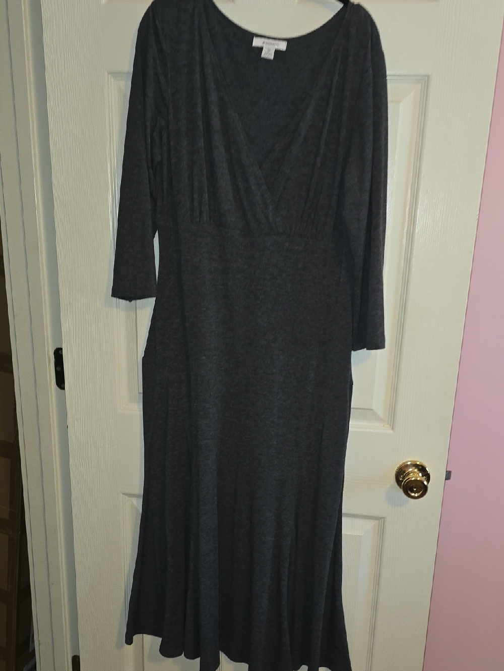 dressbarn Charcoal Gray Long Sleeve V-Neck Maxi Dress